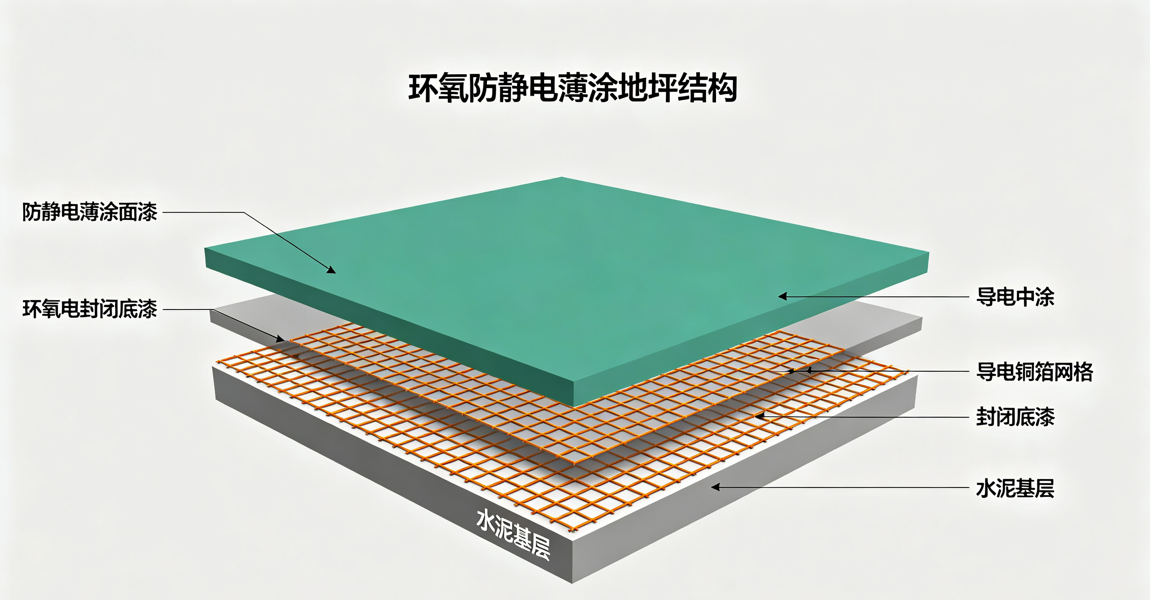 环氧防静电薄涂地坪结构分层 底漆导电中涂铜箔网防静电面漆构造原理 环氧防静电薄涂地坪结构分层 底漆导电中涂铜箔网防静电面漆构造原理