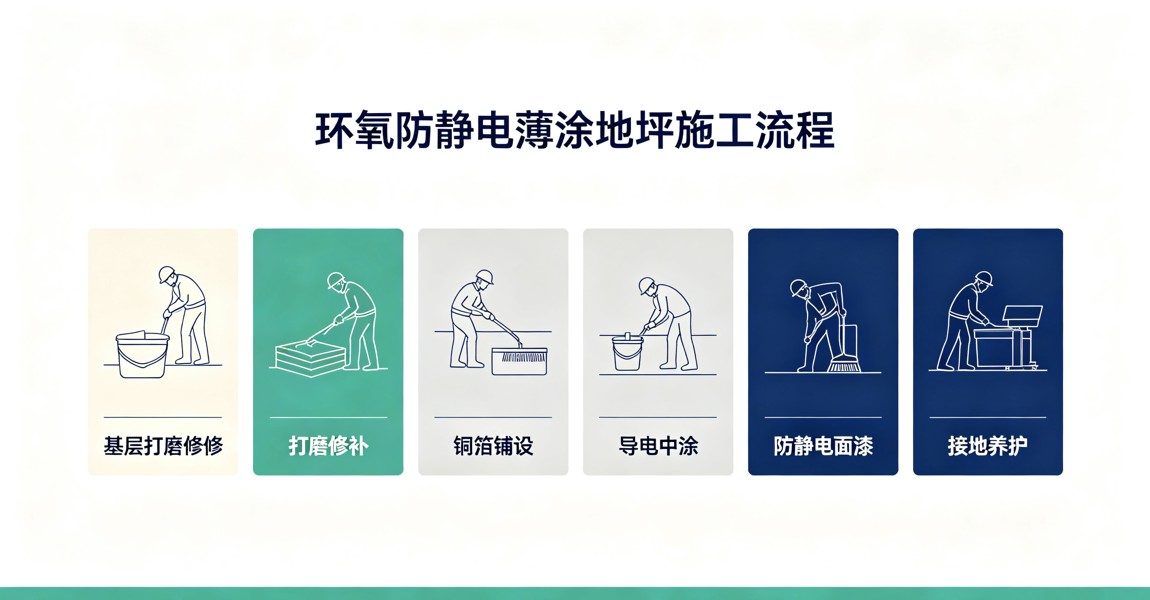 环氧防静电薄涂地坪施工步骤 基层打磨底漆铜箔铺设导电中涂面漆养护全过程 环氧防静电薄涂地坪施工步骤 基层打磨底漆铜箔铺设导电中涂面漆养护全过程