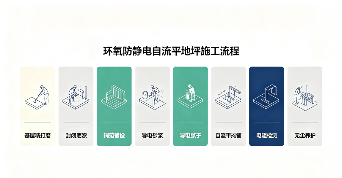 环氧防静电自流平地坪施工流程图 环氧防静电自流平地坪施工流程图