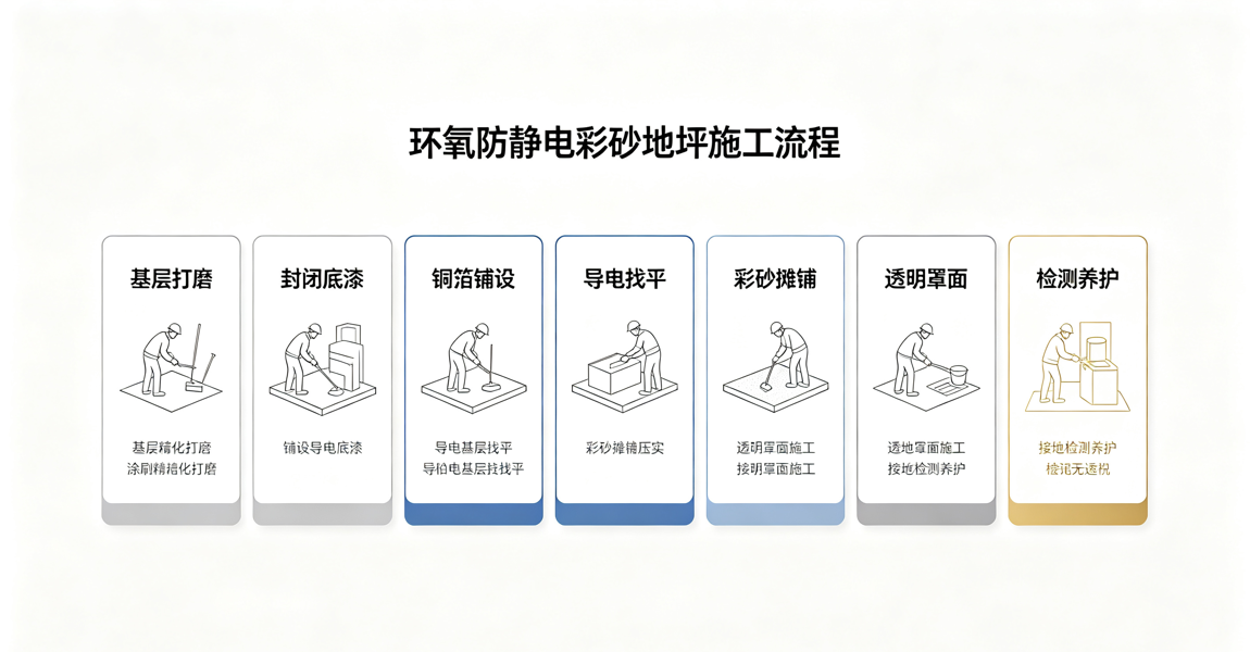 环氧防静电彩砂地坪施工流程 基层精细化处理 底漆涂刷 铜箔铺设 导电找平 彩砂摊铺 罩面施工 无尘养护