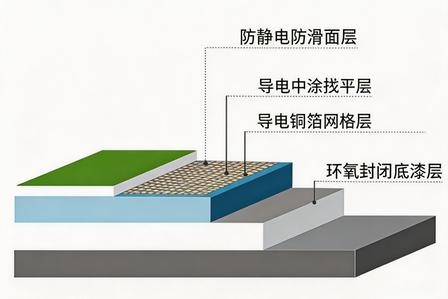 环氧防静电防滑地坪结构分层 底漆 铜箔导电网 导电中涂 防静电防滑面层