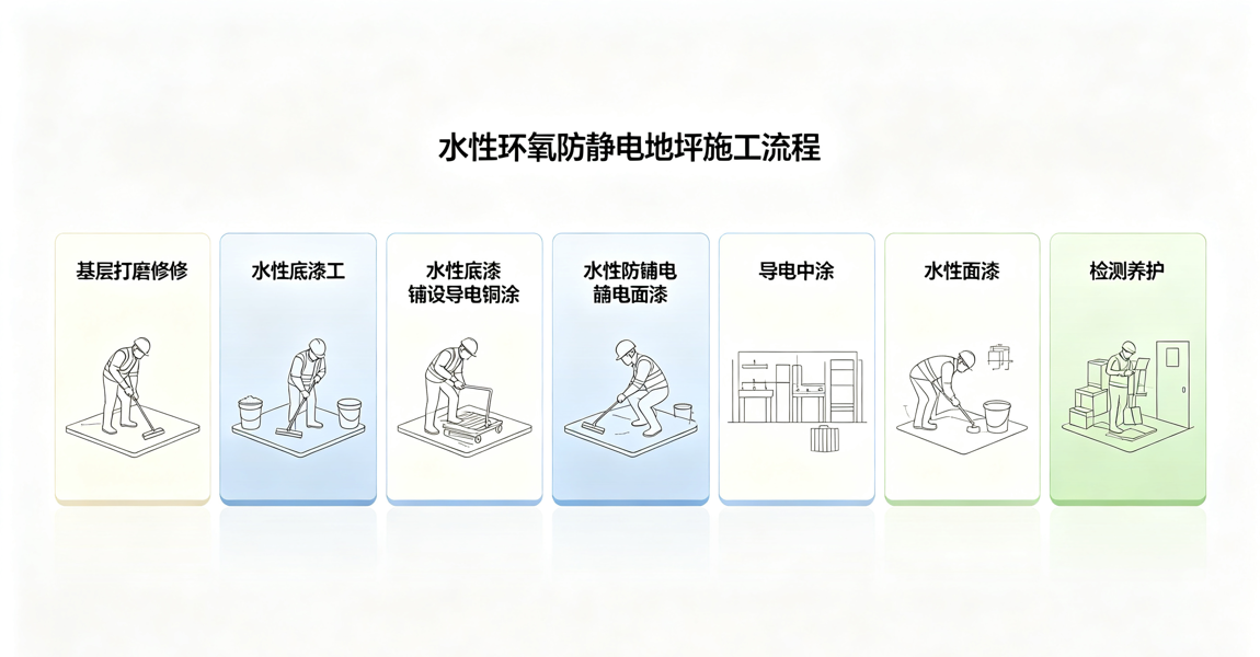 水性环氧防静电地坪施工流程 基层处理 水性底漆 铜箔铺设 导电中涂 水性面漆 接地检测 环保养护 水性环氧防静电地坪施工流程 基层处理 水性底漆 铜箔铺设 导电中涂 水性面漆 接地检测 环保养护
