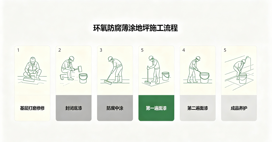 环氧防腐薄涂地坪施工流程 基层打磨 底漆 中涂 面漆 养护 环氧防腐薄涂地坪施工流程 基层打磨 底漆 中涂 面漆 养护