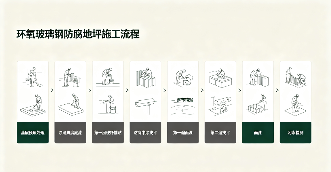 环氧玻璃钢防腐地坪施工流程 基层处理 底漆 玻纤铺贴 中涂 面漆 养护检测