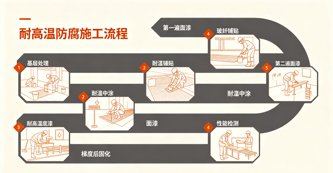 耐高温防腐地坪施工流程 基层处理 底漆 玻纤铺贴 中涂 面层 后固化 检测