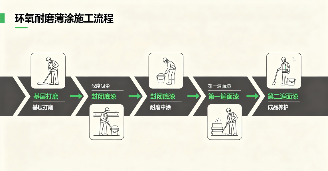 环氧耐磨薄涂地坪施工流程 基层打磨 底漆 中涂 面漆 养护 环氧耐磨薄涂地坪施工流程 基层打磨 底漆 中涂 面漆 养护