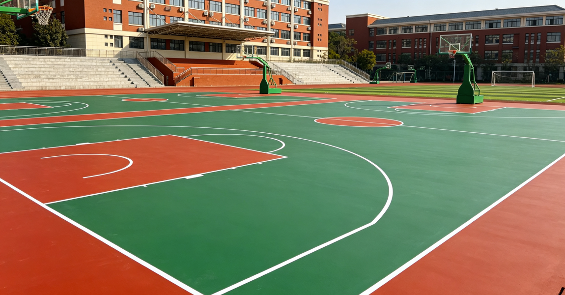 标准水性硅PU球场完工实景 学校新国标篮球场