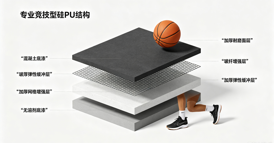 专业竞技型硅PU结构示意图 无溶剂加厚玻纤增强