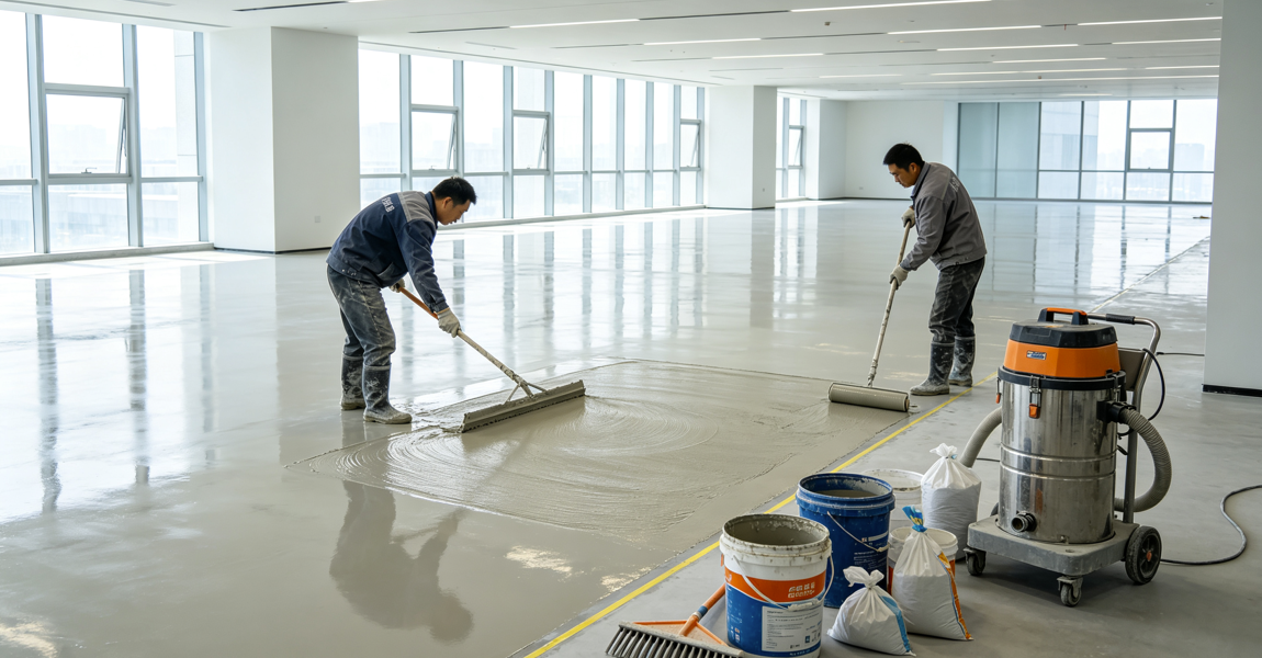 面层水泥自流平精细施工实景 面层水泥自流平_工业风无缝耐磨面层地坪施工(图2)